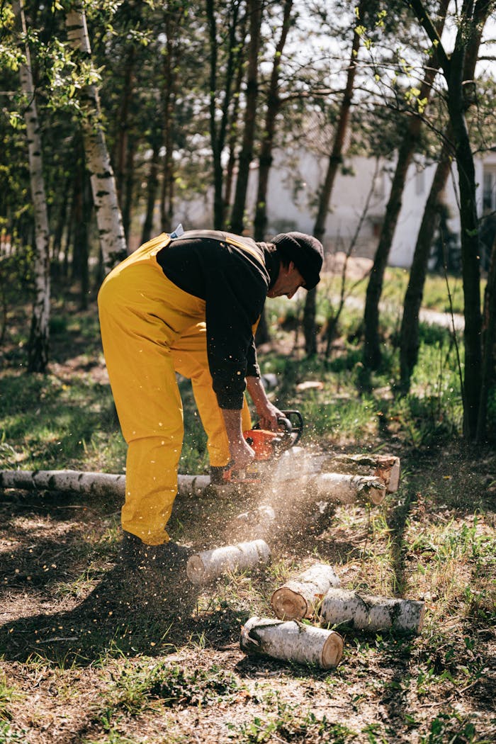 journey A worker in yellow overalls uses a chainsaw to cut logs in a sunny forest setting.